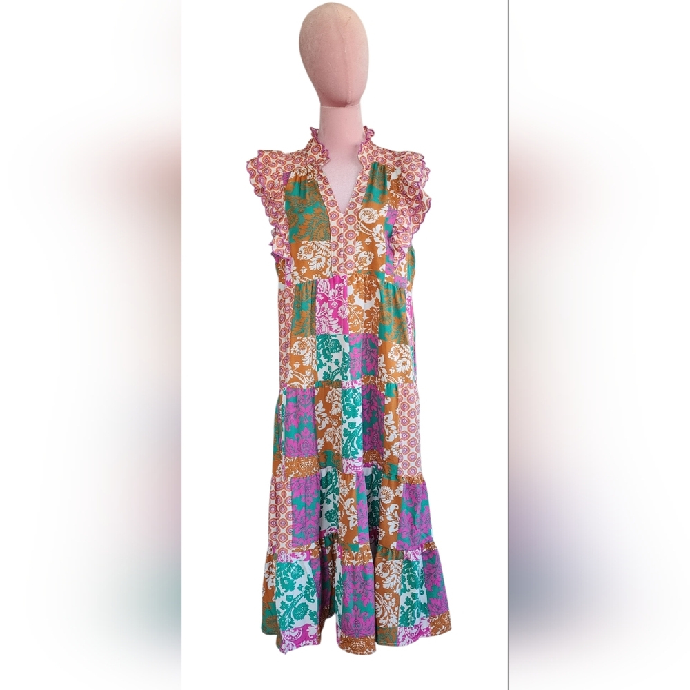 NWT Umgee Boutique Patchwork Boho Ruffle Maxi Dress Medium